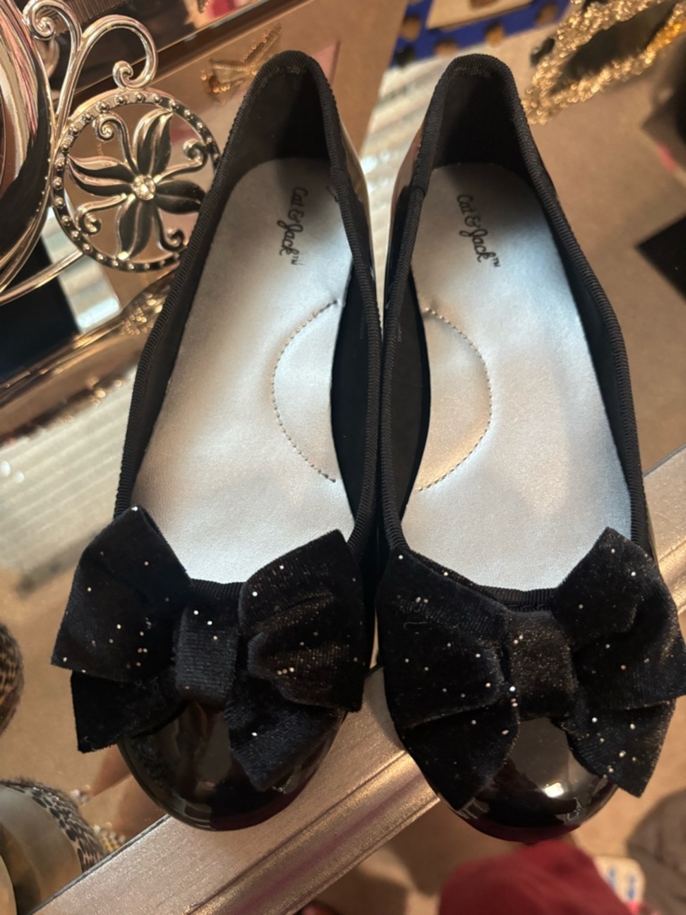 Cat & Jack Black Velvet Bow Ballet Flats with Sparkle